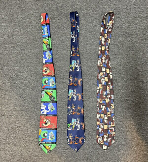 VTG Looney Tunes Ties Lot Of 3 Stamp Collection 90’s Tasmanian Devil Bugs Bunny